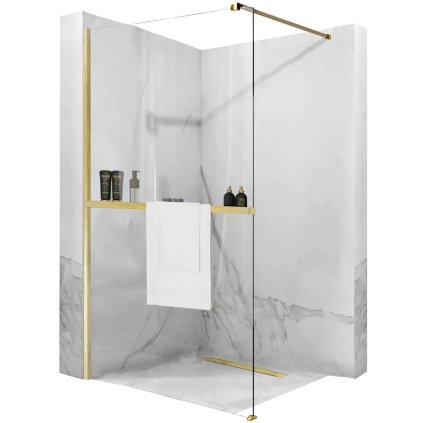 Rea Aero Gold Brush, Walk-In zuhanyparaván 110x195 cm, 8mm átlátszó üveg, arany matt profil + polc/törülközőtartó EVO, KPL-K9840