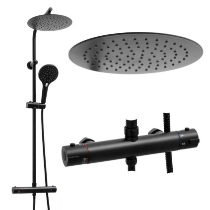 Erga Bergen Therm, zuhanygarnitúra termosztatikus csapteleppel és esőfejjel 25cm, fekete matt, ERG-YKA-BP.BERGEN-THERM-25-BLK