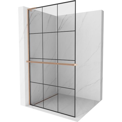 Mexen Kioto+ L, Walk-In zuhany paraván polccal és akasztóval 120 x 200 cm, 8 mm átlátszó üveg fekete mintás, réz matt profil, 800-120-123-65-77