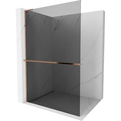 Mexen Kioto+ L, Walk-In zuhanyparaván polccal és akasztóval 120 x 200 cm, 8mm szürke üveg, rózsa arany profil, 800-120-123-60-40