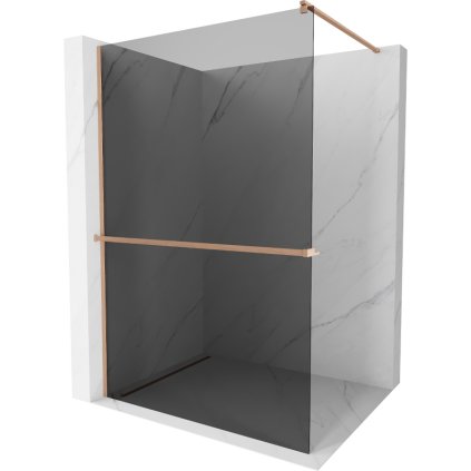Mexen Kioto+, Walk-In zuhanyparaván polccal és akasztóval 120 x 200 cm, 8mm szürke üveg, réz matt profil, 800-120-121-65-40
