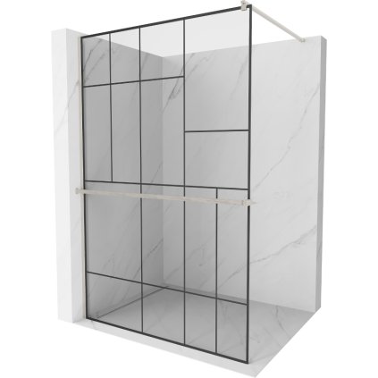 Mexen Kioto+, Walk-In zuhany paraván polccal és akasztóval 130 x 200 cm, 8 mm átlátszó üveg fekete mintás, csiszolt acél profil, 800-130-121-97-78