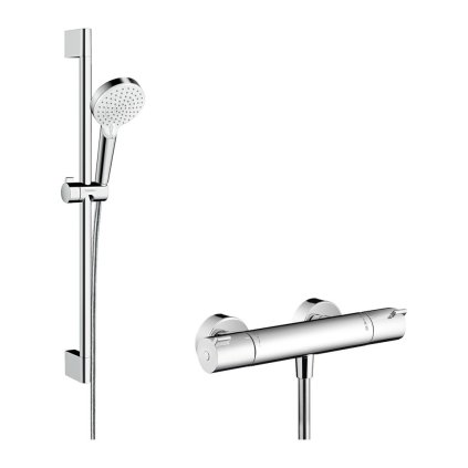 Hansgrohe Crometta, Vario falra szerelhető zuhanykészlet Ecostat 1001 CL termosztáttal és zuhanyrúddal 65 cm, fehér/króm, HAN-27812400