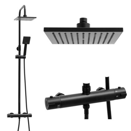 Erga Flova, zuhanygarnitúra termosztatikus csapteleppel és esőfejjel 20x20cm, fekete matt, ERG-YKA-BP.FLOVA THERM 20 BLK
