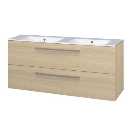 Mereo, Bino, fürdőszoba szekrény kerámia mosdóval 121 cm, fehér, tölgy, MER-CN633