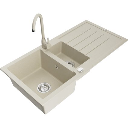 Mexen Andres 1,5 kamrás gránit konyhai mosogató csepptálcával 100x50 cm konyhai csapteleppel Telma, bézs, 6515-69-670200-69