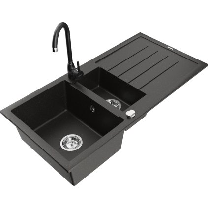 Mexen Andres 1,5 kamrás gránit konyhai mosogató csepptálcával 100x50 cm Telma konyhai csapteleppel, fekete-arany, 6515-75-670200-70
