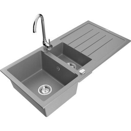 Mexen Andres 1,5 kamrás gránit konyhai mosogató csepptálcával 100x50 cm konyhai csaptelep Telma, szürke, 6515-71-670200-00