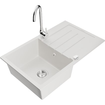 Mexen Bruno, 1 kamrás gránit mosogató csepptálcával 80x50 cm, konyhai csaptelep Telma, fehér, 6513-20-670200-00