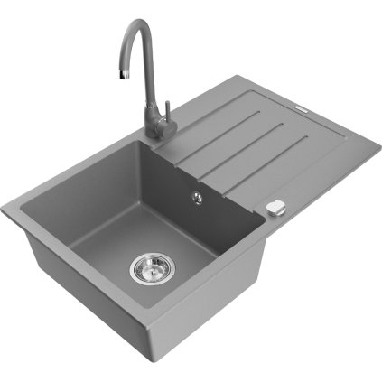 Mexen Bruno, 1 kamrás gránit mosogató csepptálcával 80x50 cm konyhai csaptelep Telma, szürke, 6513-71-670200-71