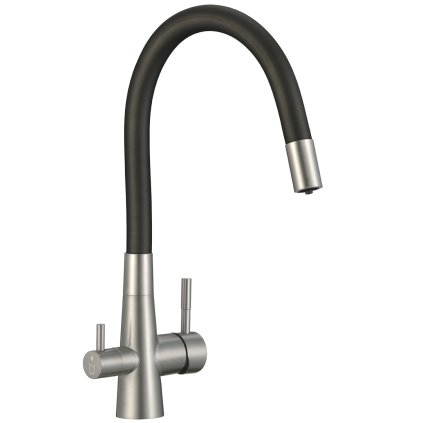 Laveo Riveco, magas mosogatócsaptelep flexibilis kifolyóval és szűrővíz-csatlakozással, matt fekete acél, LAV-BRI_768D