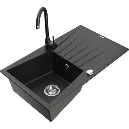 Mexen Cesar, 1 kamrás gránit mosogató csepptálcával 78x47 cm Telma konyhai csapteleppel, fekete-arany, 6514-75-670200-70