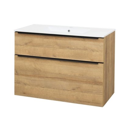 Mereo, Mereo Mailo, fürdőszobaszekrény kerámia mosdóval 101 cm, Riviera tölgyfa, fekete fogantyú, MER-CN522B