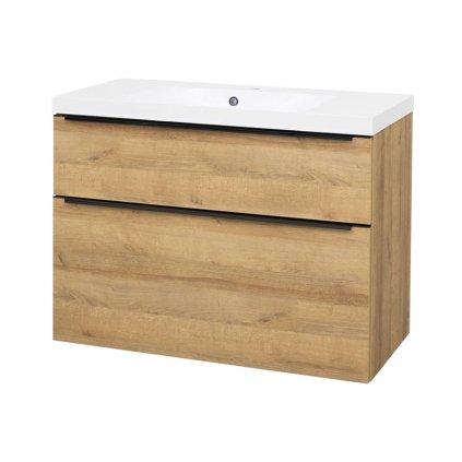 Mereo, Mereo Mailo, fürdőszobaszekrény öntött márvány mosdóval 101 cm, Riviera tölgyfa, fekete fogantyú, MER-CN522MB