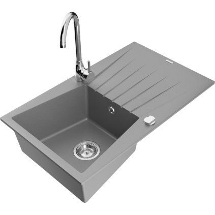 Mexen Cesar, 1 kamrás gránit mosogató csepptálcával 78x47 cm, konyhai csaptelep Telma, szürke, 6514-71-670200-00