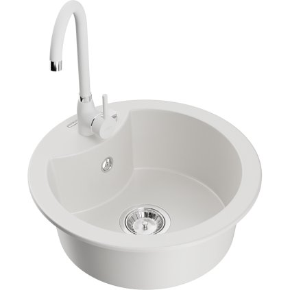 Mexen Diego, 1 kamrás gránit mosogató 49x49 cm és konyhai csaptelep Telma, fehér, 6512-20-670200-20