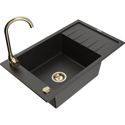 Mexen Elias, 1 kamrás gránit mosogató csepptálcával 80x48 cm Telma konyhai csapteleppel, fekete-arany, 6511-75-670200-50