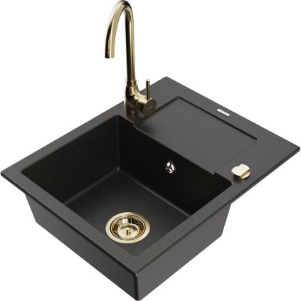 Mexen Enzo, 1 kamrás gránit mosogató csepptálcával 58x47 cm Telma konyhai csapteleppel, fekete-arany, 6506-75-670200-50