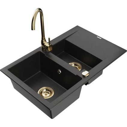 125889 mexen gaspar 1 5 komorovy granitovy drez s odkvapkavacom 74x48 cm a kuchynskou bateriou telma cierna zlata 6507 75 670200 50