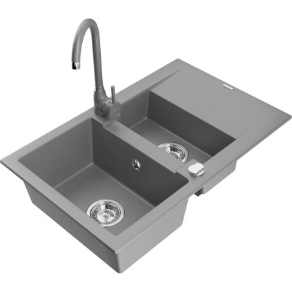 Mexen Gaspar, 1,5 kamrás gránit mosogató csepptálcával 74x48 cm konyhai csaptelep Telma, szürke, 6507-71-670200-71