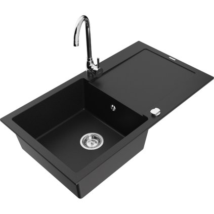Mexen Leo 1kamrás gránit mosogató csepptálcával 900x500mm és konyhai csaptelep Telma, fekete - 6501-77-670200-00