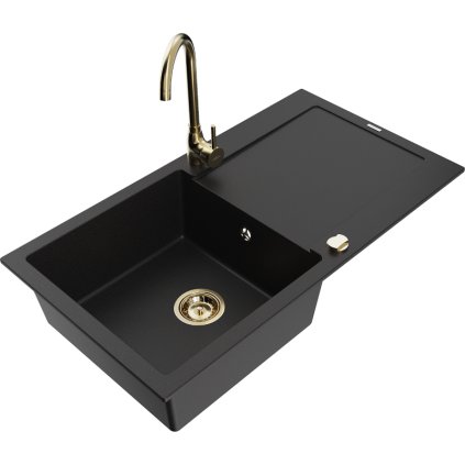 Mexen Leo 1kamrás gránit mosogató csepptálcával 900x500mm konyhai csapteleppel Telma, fekete-arany, 6501-77-670200-50
