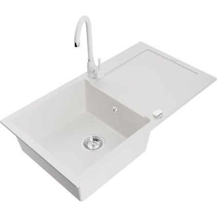 Mexen Leo, 1 kamrás gránit mosogató csepptálcával 90x50 cm, konyhai csaptelep Telma, fehér, 6501-20-670200-20