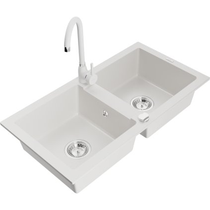 Mexen Mario, 2 kamrás gránit mosogató 82x44 cm konyhai csapteleppel Telma, fehér, 6504-20-670200-20