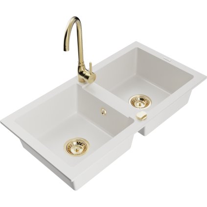 Mexen Mario, 2 kamrás gránit mosogató 82x44 cm konyhai csapteleppel Telma, fehér, 6504-20-670200-50