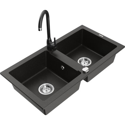 Mexen Mario, 2 kamrás gránit mosogató 82x44 cm konyhai csapteleppel Telma, fekete-arany, 6504-75-670200-70