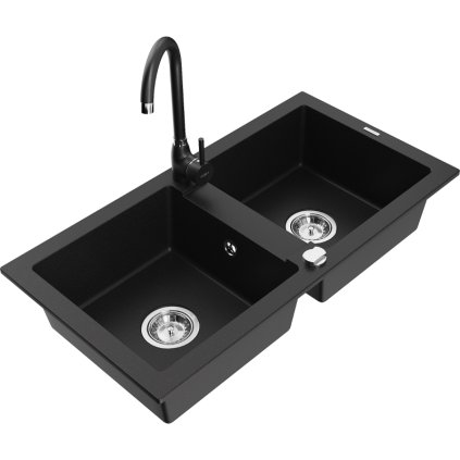 Mexen Mario, 2 kamrás gránit mosogató 82x44 cm konyhai csapteleppel Telma, fekete, 6504-77-670200-70