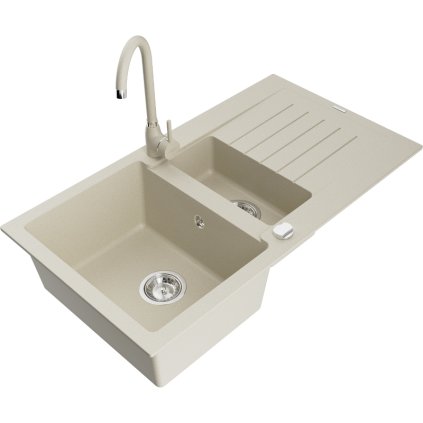 Mexen Matias, 1,5 kamrás gránit mosogató 90x50 cm-es csepptálcával Telma konyhai csapteleppel, bézs, 6502-69-670200-69