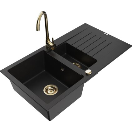 Mexen Matias, 1,5 kamrás gránit mosogató 90x50 cm-es csepptálcával Telma konyhai csapteleppel, fekete, 6502-77-670200-50