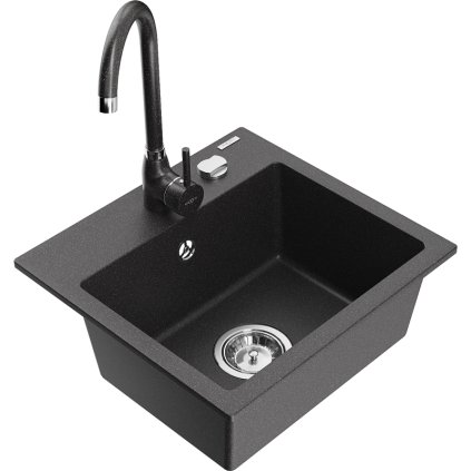 Mexen Milo, 1 kamrás gránit mosogató 43,5x41 cm és konyhai csaptelep Telma, fekete foltos, 6505-76-670200-76