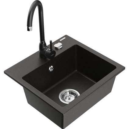 Mexen Milo, 1 kamrás gránit mosogató 43,5x41 cm és konyhai csaptelep Telma, fekete-arany, 6505-75-670200-70