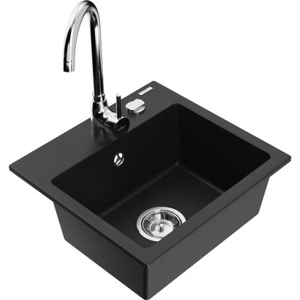 Mexen Milo, 1 kamrás gránit mosogató 43,5x41 cm és konyhai csaptelep Telma, fekete, 6505-77-670200-00