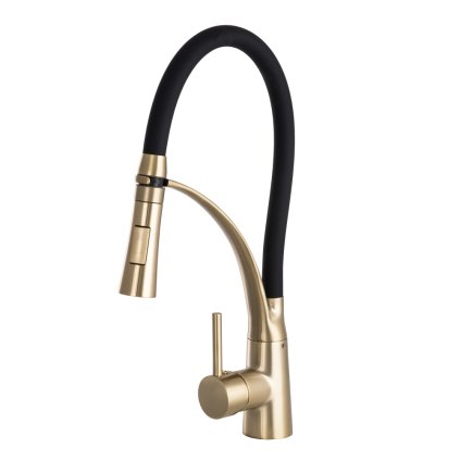 Gamma Nexo, álló, magas konyhai csaptelep flexibilis karral és sugárral, matt fekete-arany, GMA-BNO-BGD