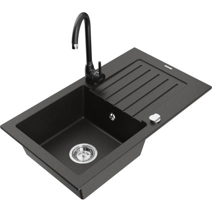 Mexen Pablo, 1 kamrás gránit mosogató csepegtetővel 75x44 cm Telma konyhai csapteleppel, fekete-arany, 6510-75-670200-70