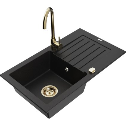 Mexen Pablo, 1 kamrás gránit mosogató csepptálcával 75x44 cm Telma konyhai csapteleppel, fekete, 6510-77-670200-50