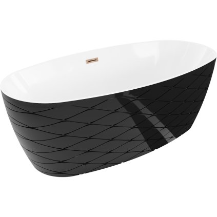 Mexen Olea, szabadon álló kád, mintás, 170 × 80 cm, fehér-fekete, rozéarany túlfolyó, 52821708075-60