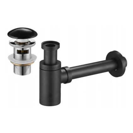 Mexen tartozékok, Kerek mosdókagyló szifon kattanós kerámia dugóval, túlfolyóval, fekete, 7992050-75