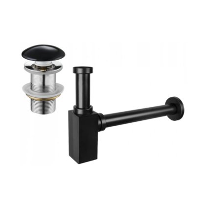 Mexen tartozékok, Négyzet alakú mosdókagyló-szifon klikk-klack kerámia dugóval, túlfolyó nélkül, fekete, 7991060-75