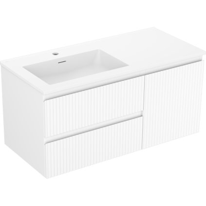 Mexen Rivel, fürdőszobaszekrény 100 cm, bal oldali Otis mosdóval, 2S, 1D, hornyolt, matt fehér, 91A23-10047-3-BBFFF01-W18L01