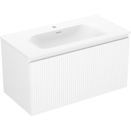 Mexen Rivel, fürdőszobaszekrény 90 cm Vela mosdóval, 1 fiókkal, rovátkolt, matt fehér, 91A20-09047-1-BF01-W23M01