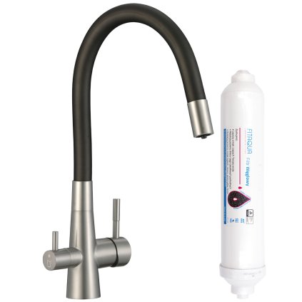 Laveo Riveco, magas mosogatócsaptelep flexibilis kifolyóval és ivóvízszűrővel, matt fekete acél, LAV-BRIB768D