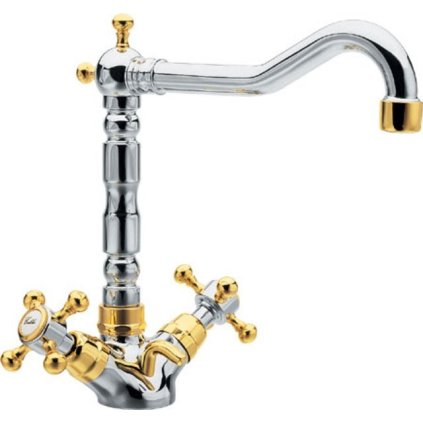 Reitano Rubinetteria, ANTEA szabadon álló mosdócsaptelep retro kifolyóval lefolyóval, króm / arany, 3372