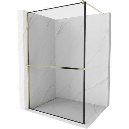 Mexen Kioto +, zuhany paraván polccal és törölközőtartóval 100 x 200 cm, 8mm átlátszó üvegmintás fekete keret, arany profil, 800-100-121-50-70