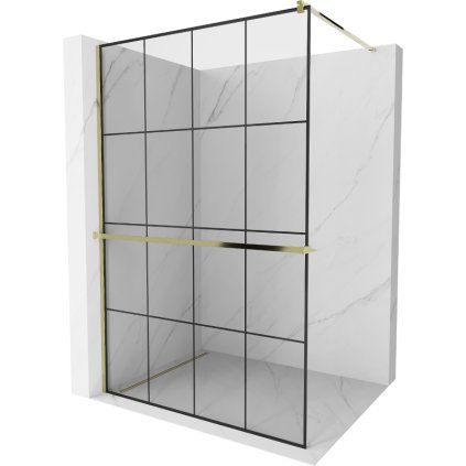 Mexen Kioto +, zuhany paraván polccal és törölközőtartóval 130 x 200 cm, 8mm átlátszó üvegmintás fekete, arany profil, 800-130-121-50-77