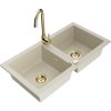 Mexen Mario, 2 kamrás gránit mosogató 820x436x161 mm és Telma arany fényes mosogató csaptelep, bézs, 6504-69-670200-50