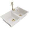 Mexen Tomas, gránit mosogató 800x500x190 mm, 2 kamrás és arany Telma csaptelep, fehér, 6516-20-670200-50